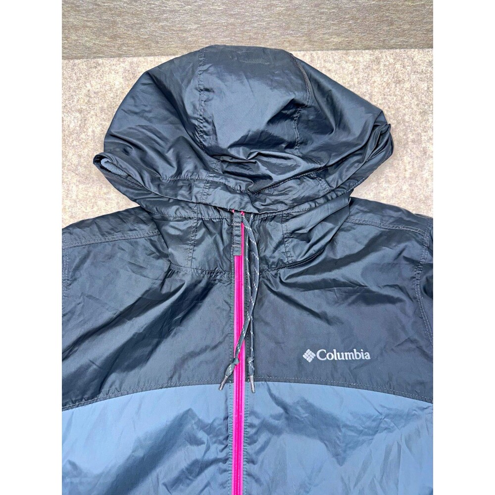 Columbia Women’s Hooded Colorblock Windbreaker Jacket Full Zip Black Gray Pink M